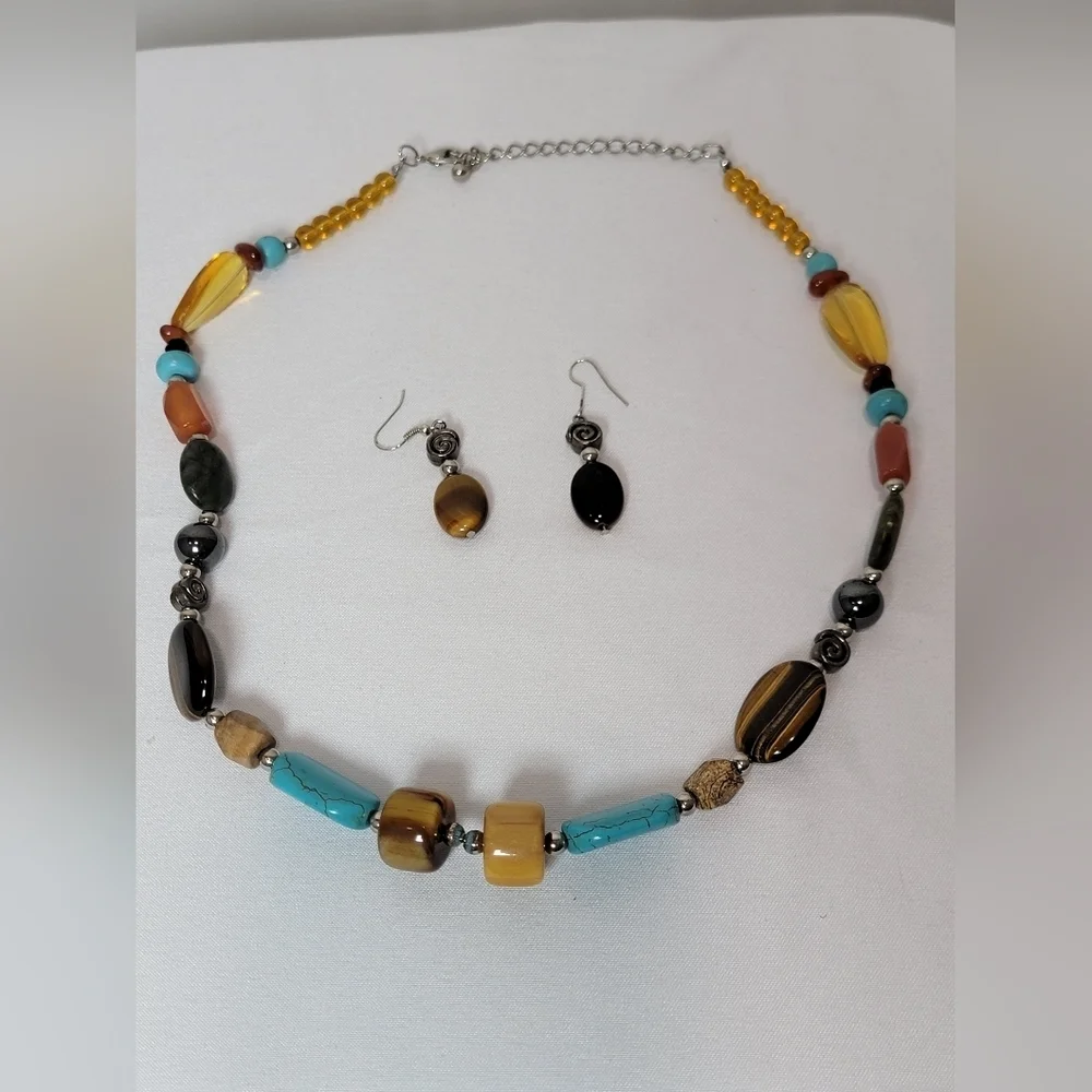 Tutquoise, Amber&Tigers Eye Gemstone Necklace & Earrings